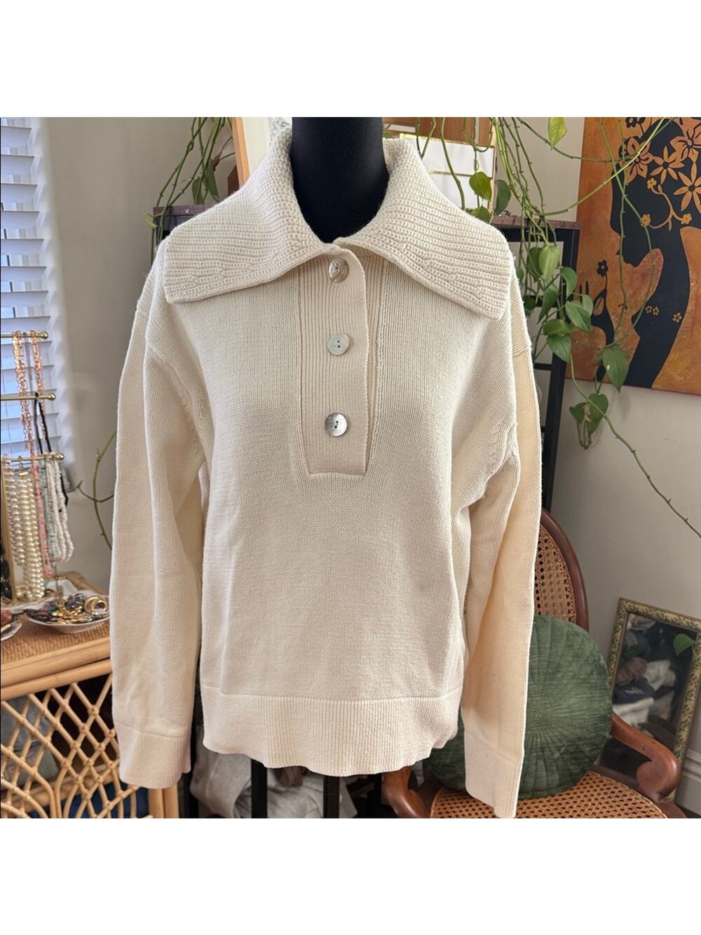 Samsoe Samsoe Hailey Antique White Knit Oversized Collar Preppy Polo Sweater